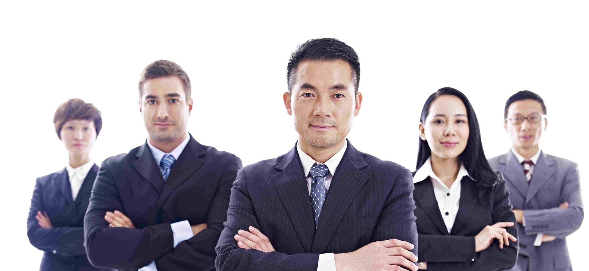 five corporate people cross-armed, looking determinedly at the camera